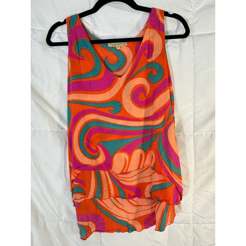 PINEAPPLES Women Orange Pink Teal Swirl Ruffle Layered Tank Top Size S